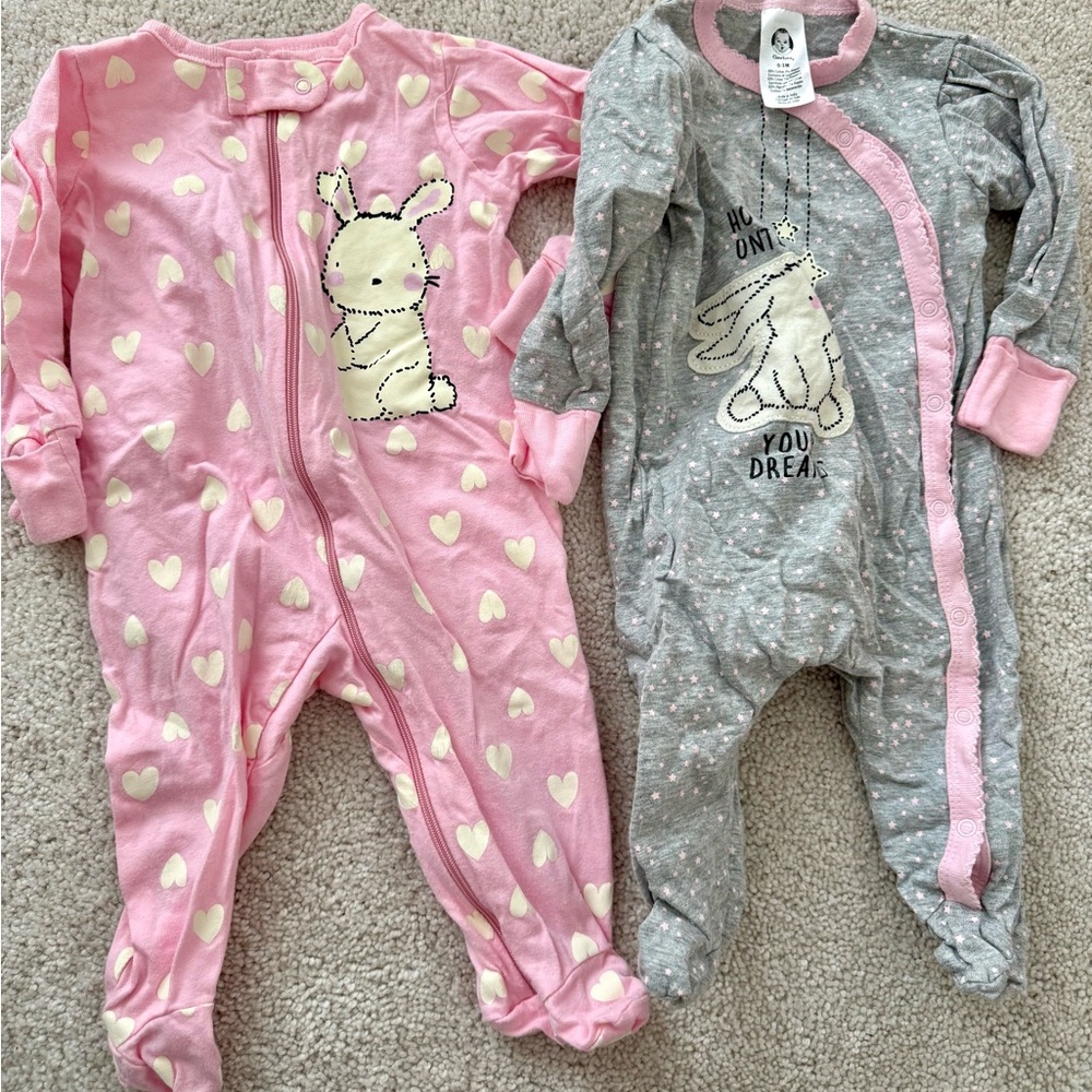 Gerber Pink & Gray Bunny Footed One-Piece Sleepers
